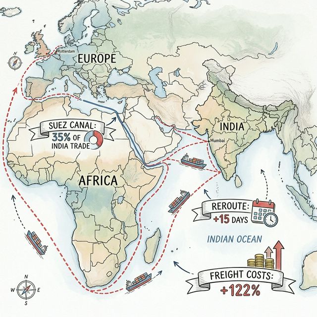Corrected Suez vs Cape Route with Full India Map